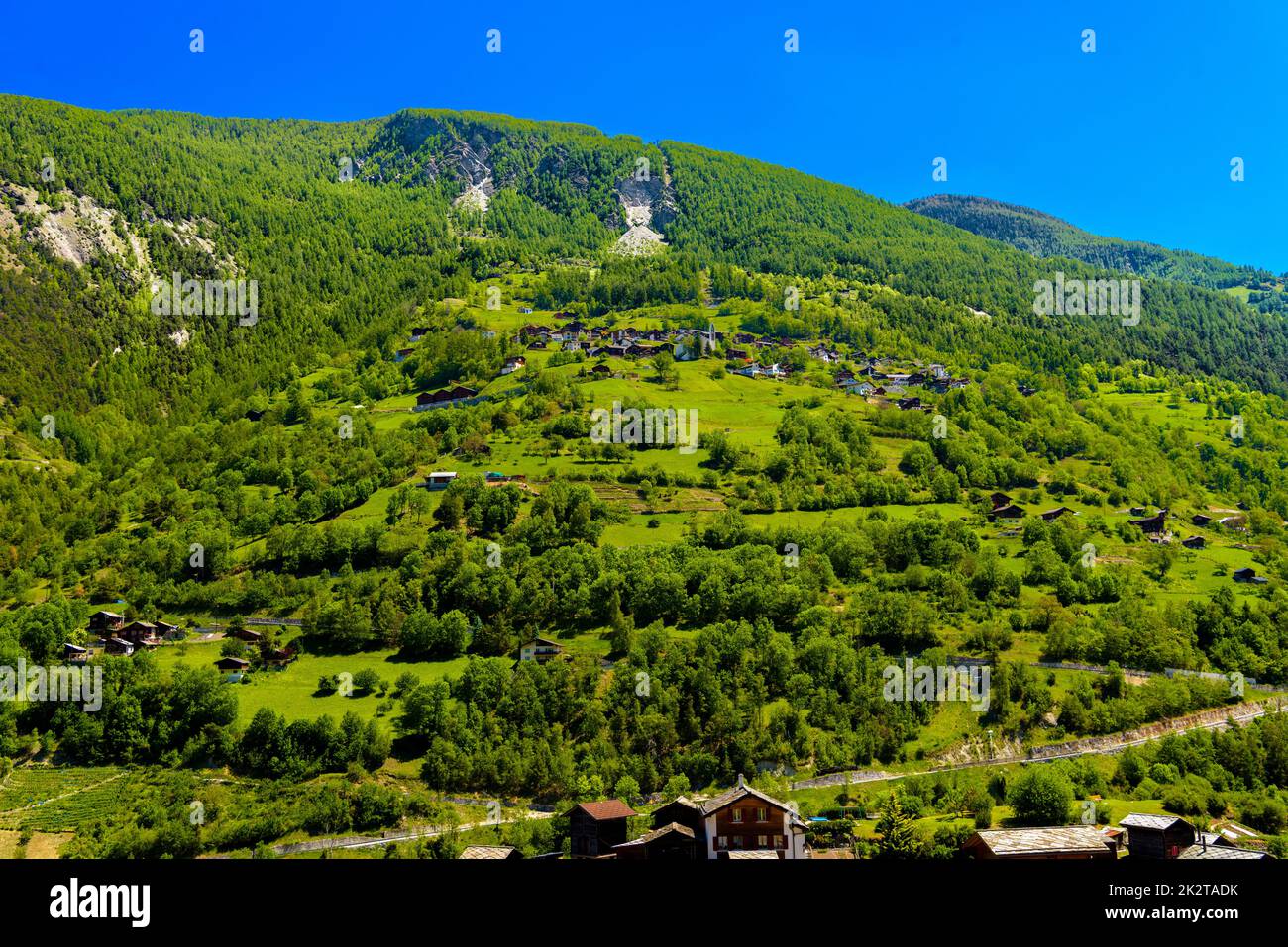 Alpes suisses montagnes couvertes d'arbres et de maisons, Stalden, Sta Banque D'Images