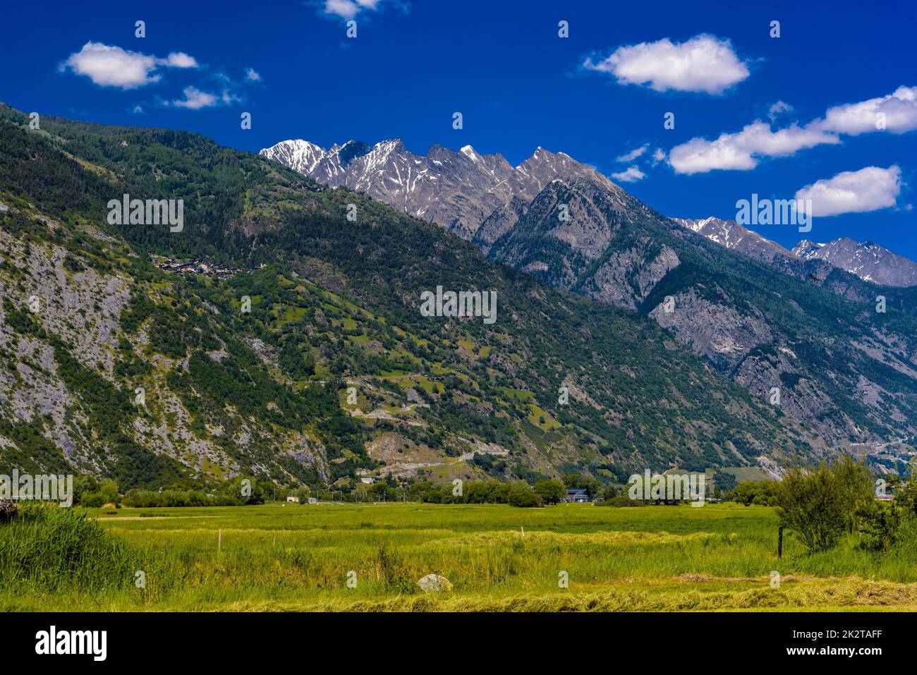 Champs et prairies avec montagnes des Alpes suisses, Agarn, Leuk, Visp Banque D'Images