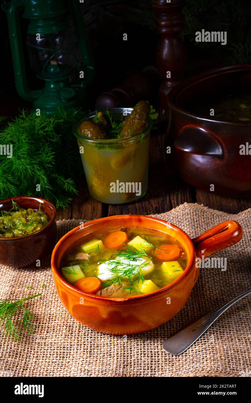 Polissez la soupe de concombre aigre avec de l'aneth Banque D'Images