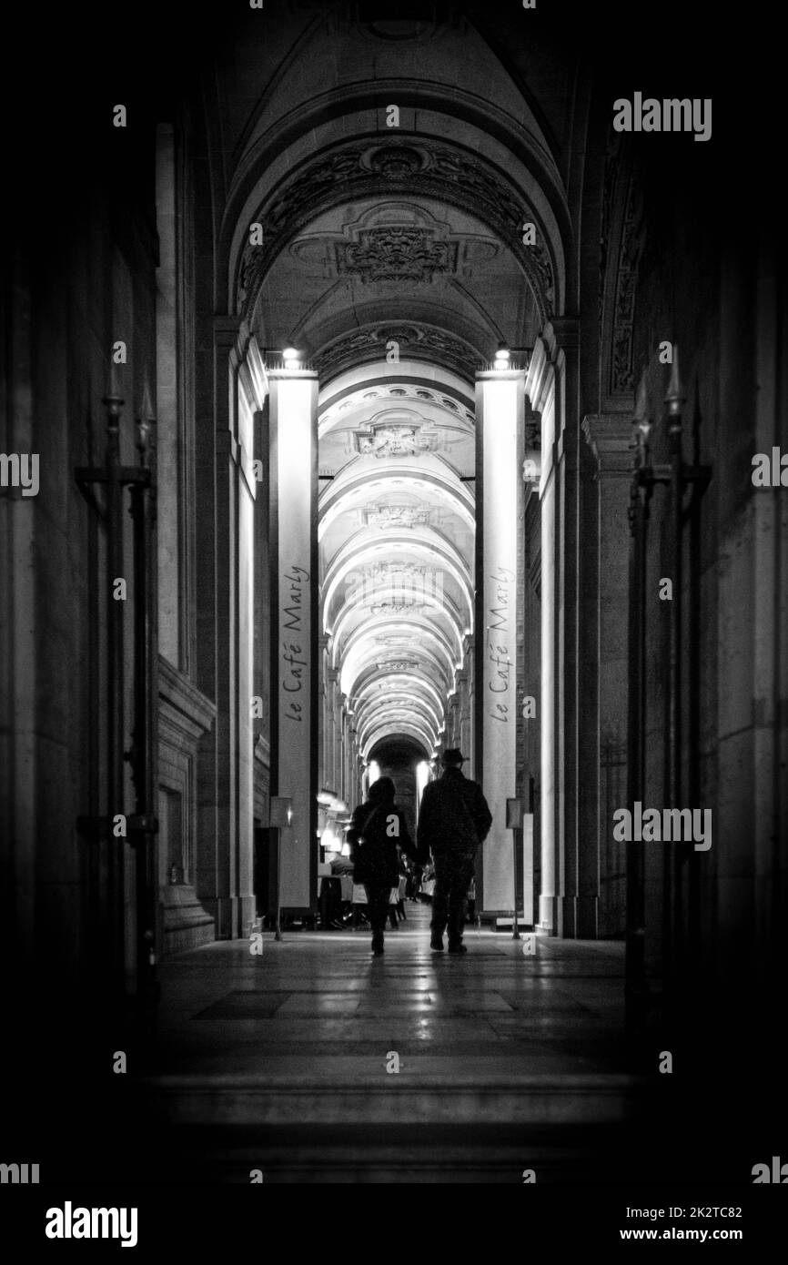 Les personnes marchant le long du couloir dans le café marly au musée du Louvre, vertical, échelle de gris Banque D'Images