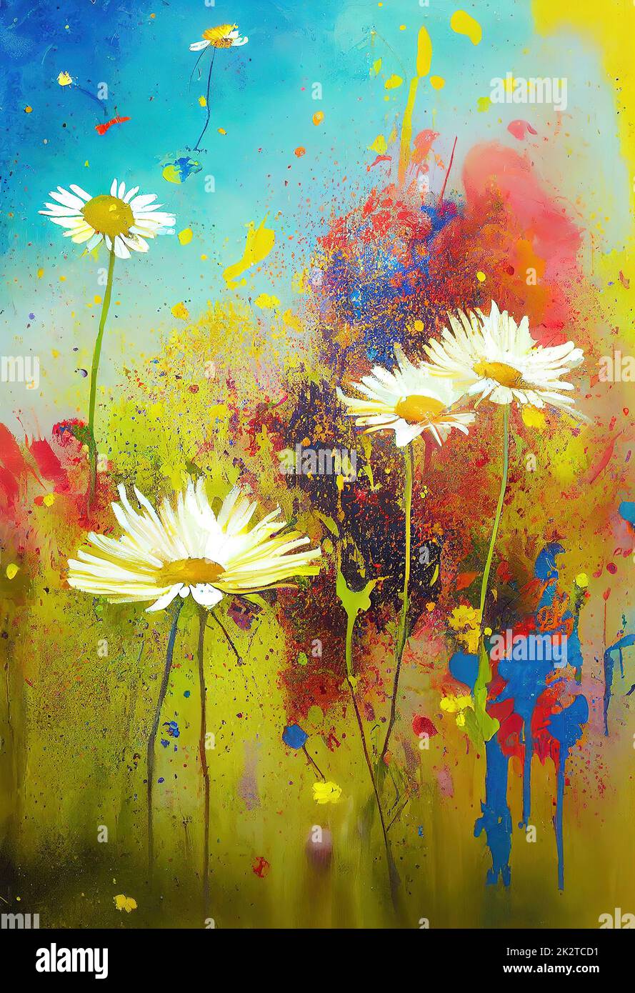 Peinture abstraite colorée avec marguerites blanches. Illustration numérique. Banque D'Images