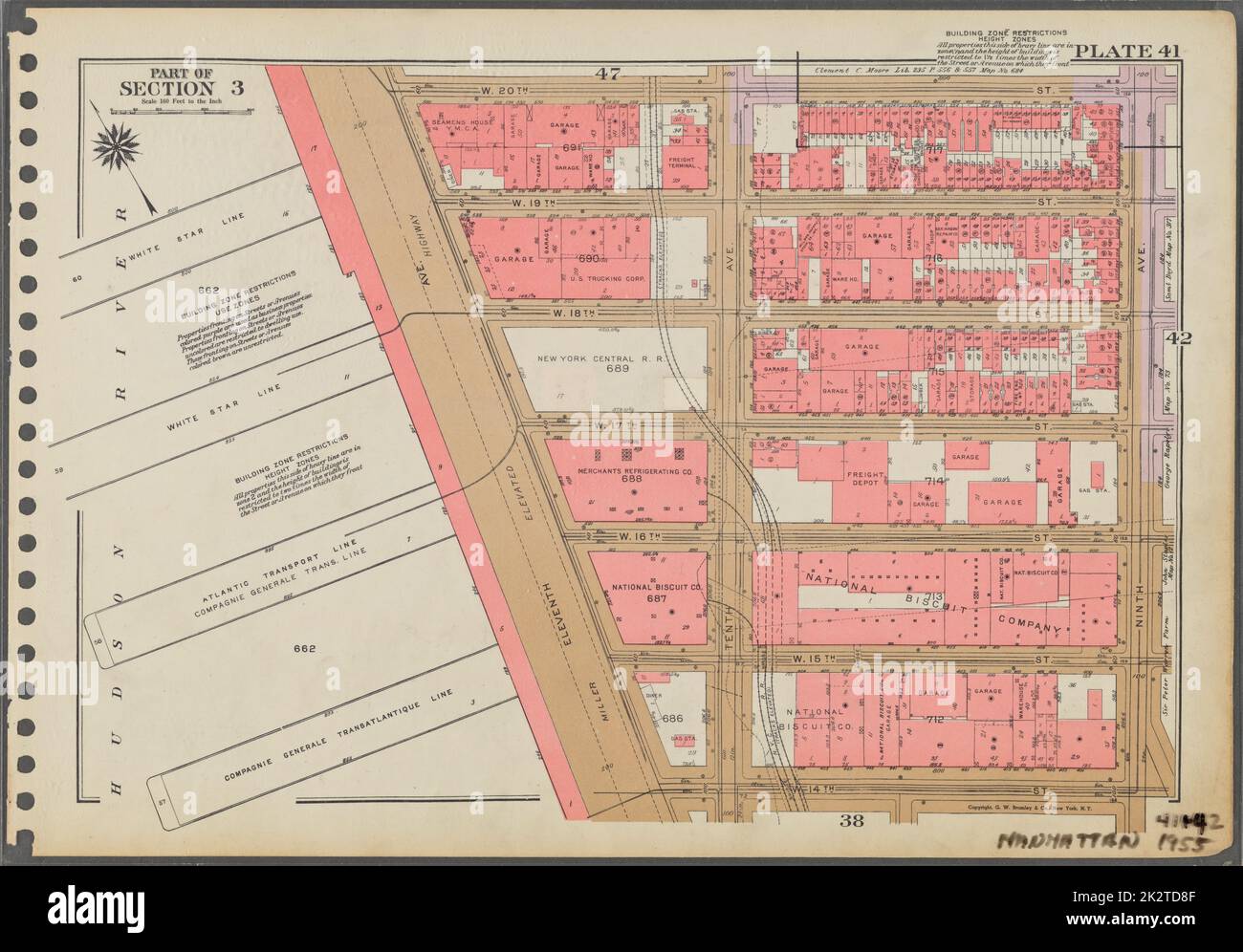 Cartographie, cartes. 1955 - 1956. Lionel Pincus et Princess Firyal Map Division. Immobilier , New York (État) , New York (New York), Manhattan (New York, New York) Plaque 41, partie de la section 3 : délimitée par la rue W. 20th, neuvième avenue, 14th rue W. et la onzième avenue (Hudson River Piers). Banque D'Images
