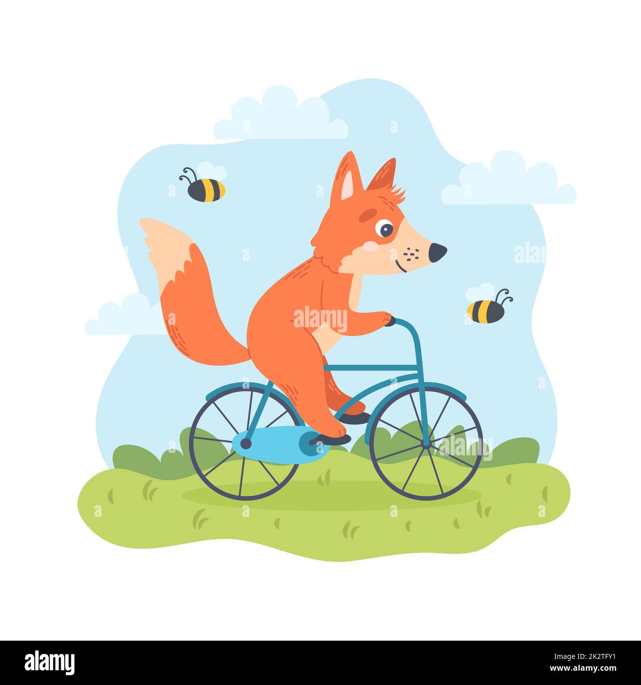 Le vélo de renard dans la nature. Caractère d'été, activités en plein air. Jolie illustration vectorielle de saison dans un style de dessin animé plat Illustration de Vecteur