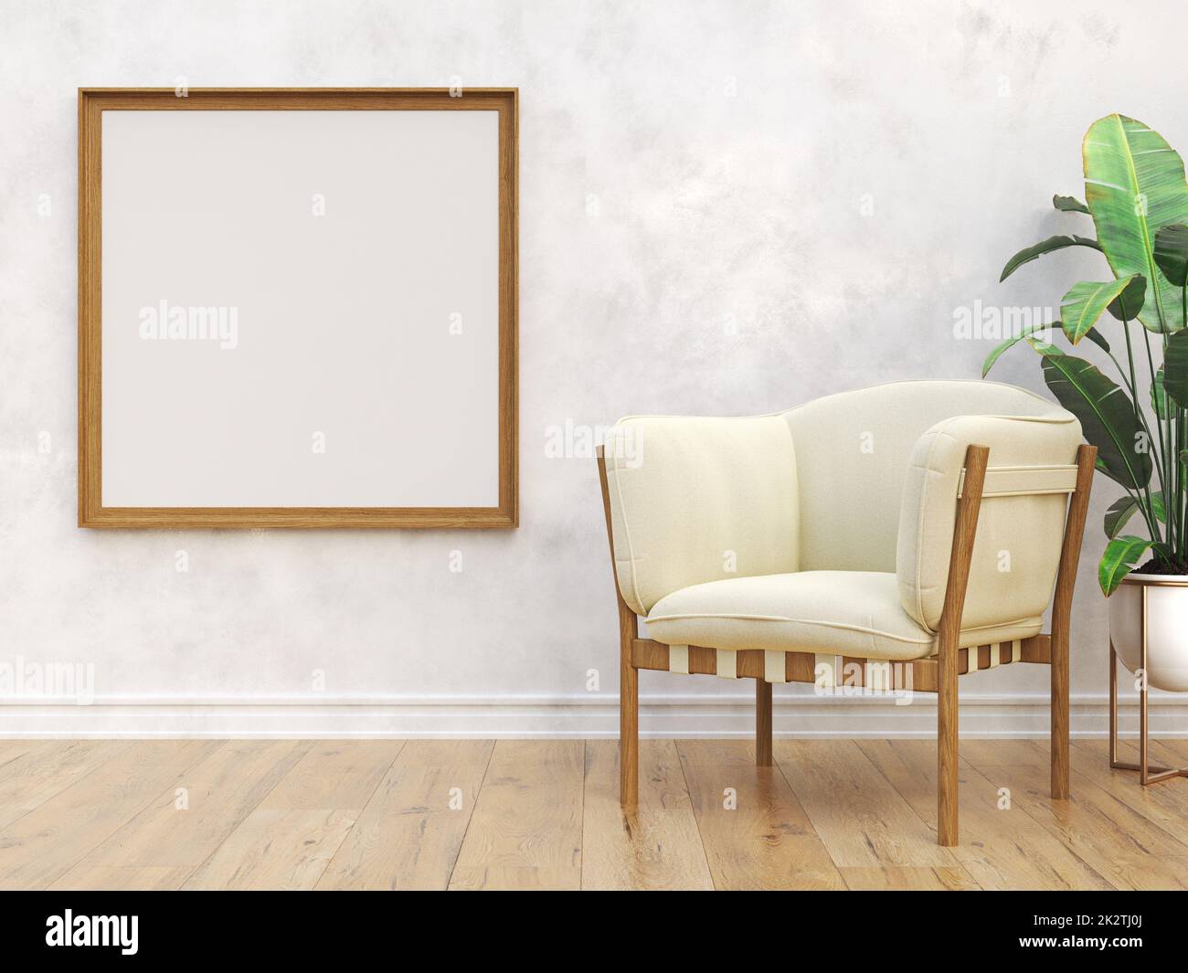 Cadre à baldaquin avec fauteuil et grande plante dans un intérieur moderne Banque D'Images