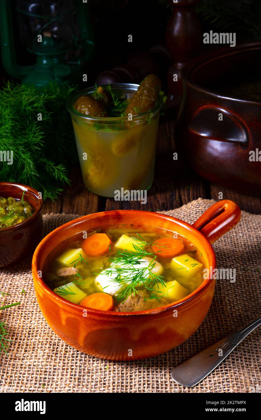 Polissez la soupe de concombre aigre avec de l'aneth Banque D'Images
