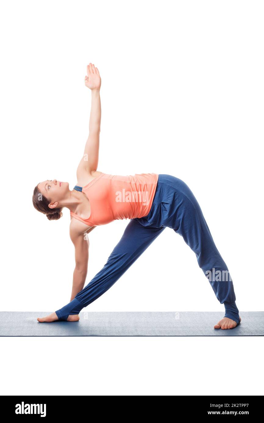 Femme pratique le yoga asana utthita trikonasana Banque D'Images