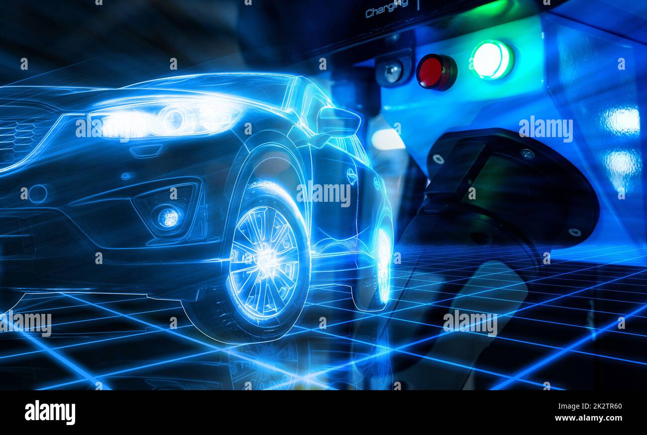 Voiture électrique et station de charge de voiture électrique dans un concept de véhicule futuriste. Point de charge de la voiture électrique sur le parking. Charge rapide de véhicule électrique. Énergie durable. Énergie verte. Transport futur. Banque D'Images