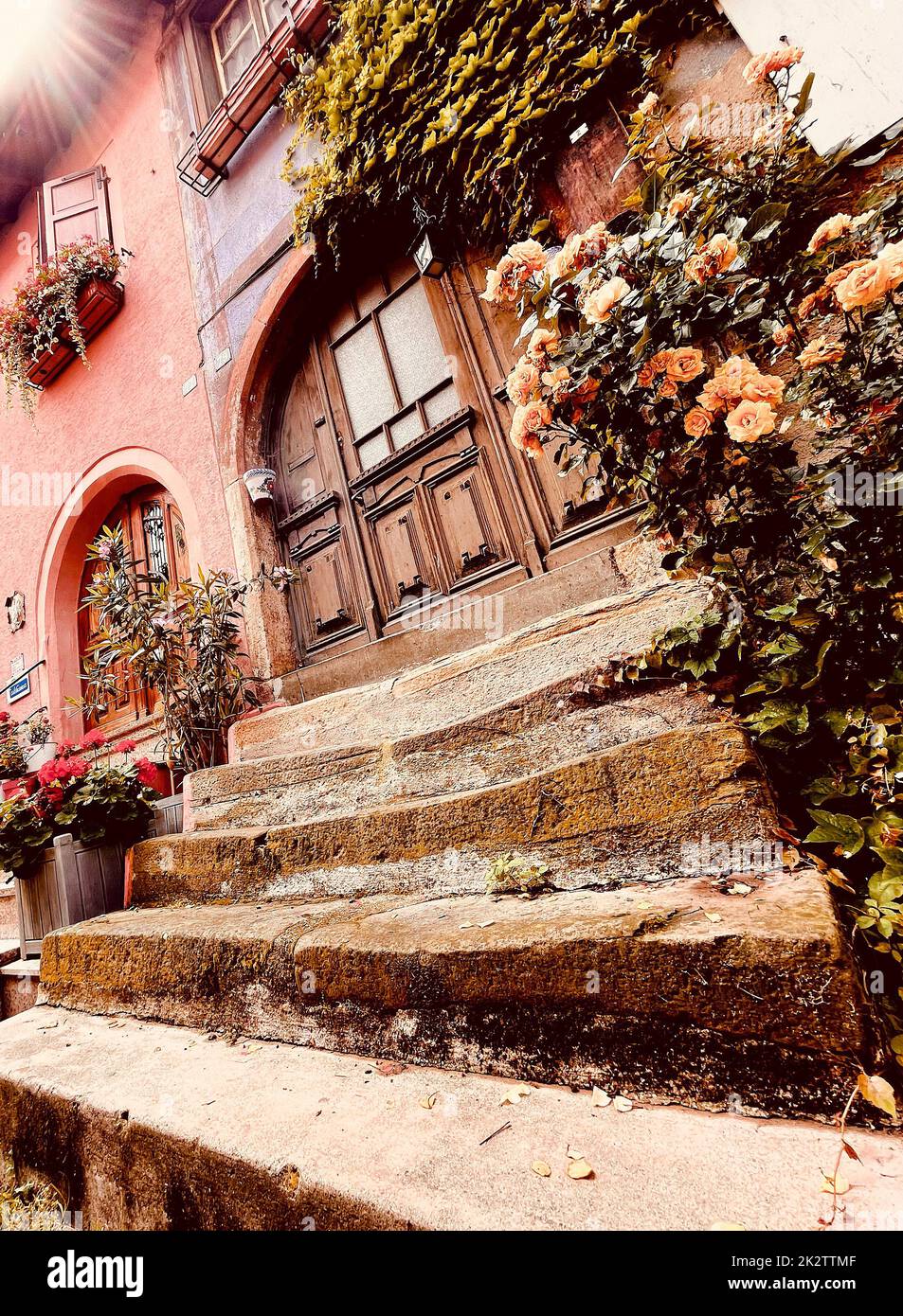 Façade de bâtiment à l'ancienne avec des escaliers et des fleurs dégarrés Banque D'Images