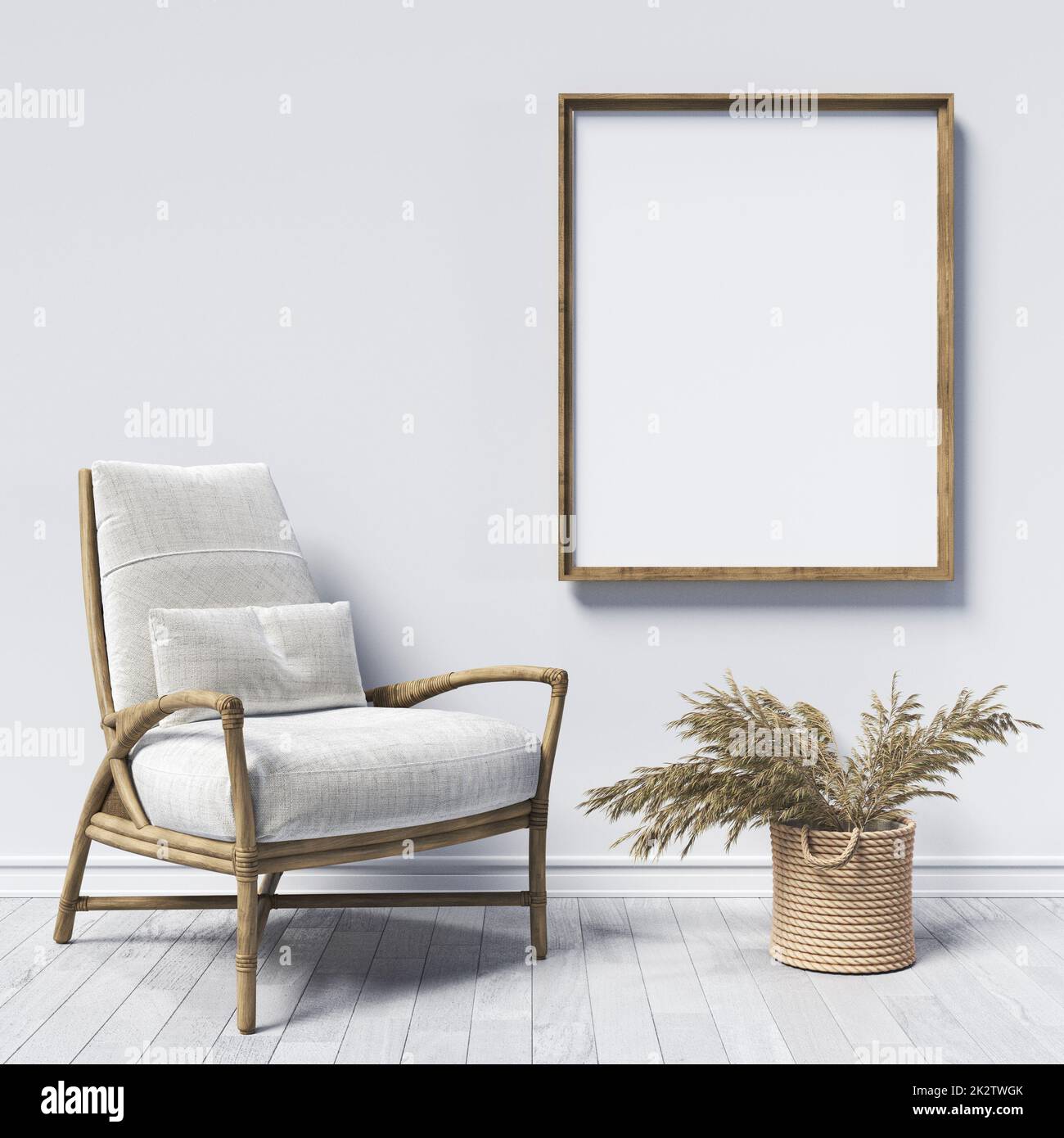 Faux cadres à poster avec fauteuil simple et plante séchée Banque D'Images