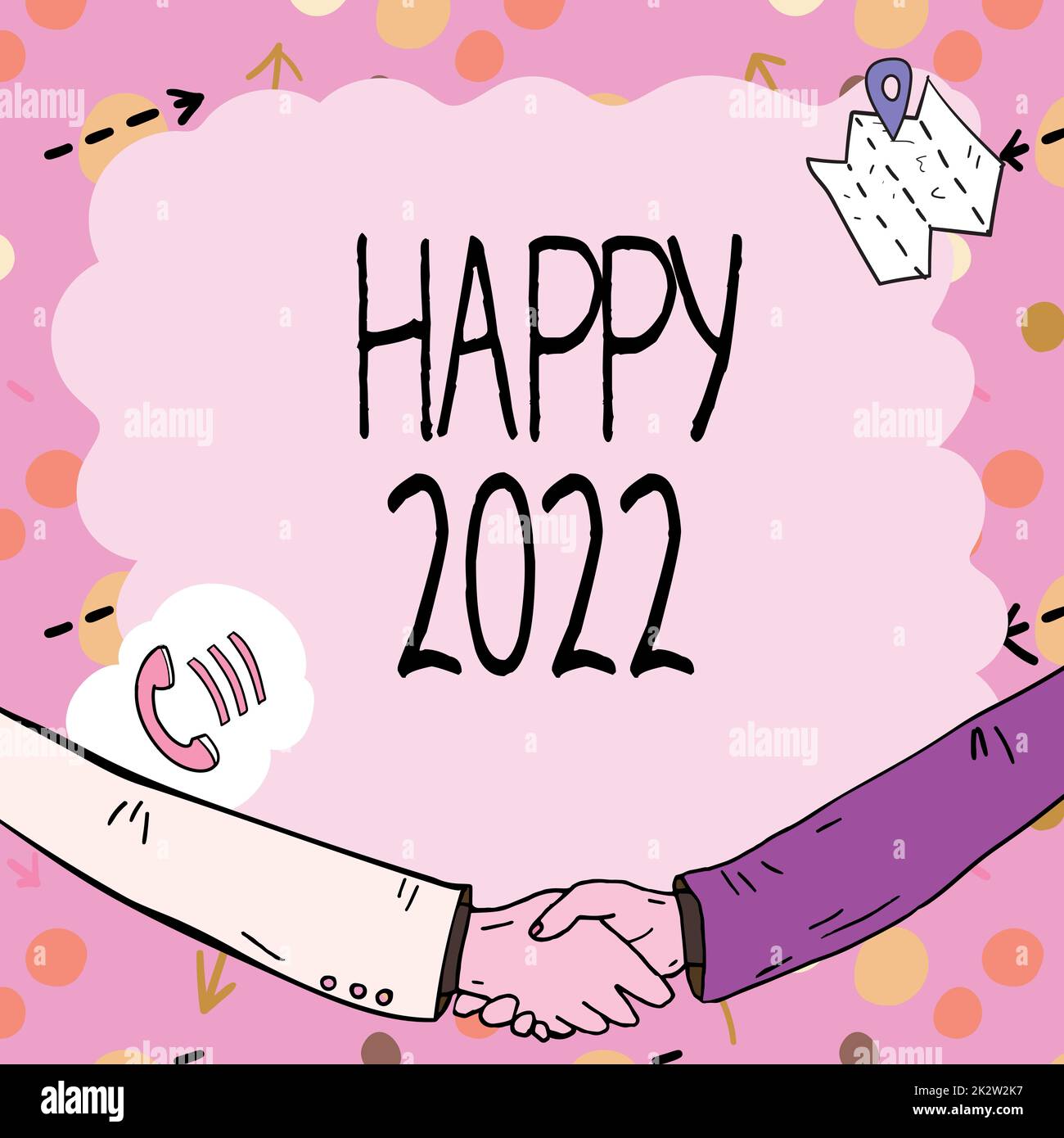 Affiche textuelle indiquant Happy 2022. Idée d'affaires heure ou jour où une nouvelle année civile commence à partir de maintenant cadre vide décoré de symboles de communication représentent réunion d'affaires Banque D'Images