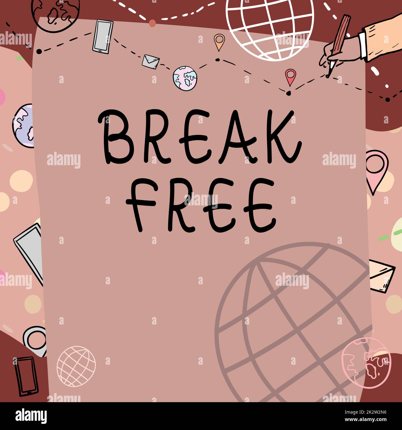 Légende de texte présentant Break Free. Internet concept une autre façon de dire le salut hors des chaînes de la prison de liberté Plain Whiteboard avec main dessin ligne de guide pour les pas au-dessus du monde Globe. Banque D'Images