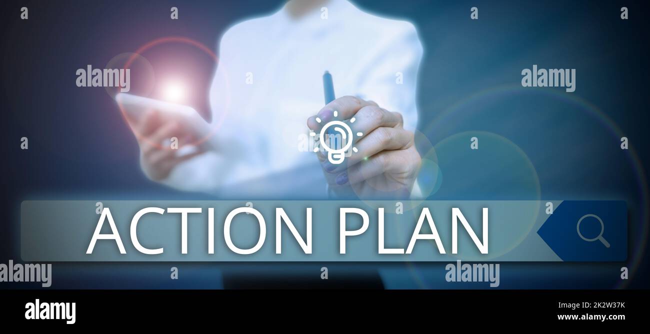 Légende conceptuelle Plan d'action. Concept d'affaires liste de choses ou de l'horaire à faire thie année courante Lady debout devant de porte ouvrant de nouvelles possibilités de succès. Banque D'Images