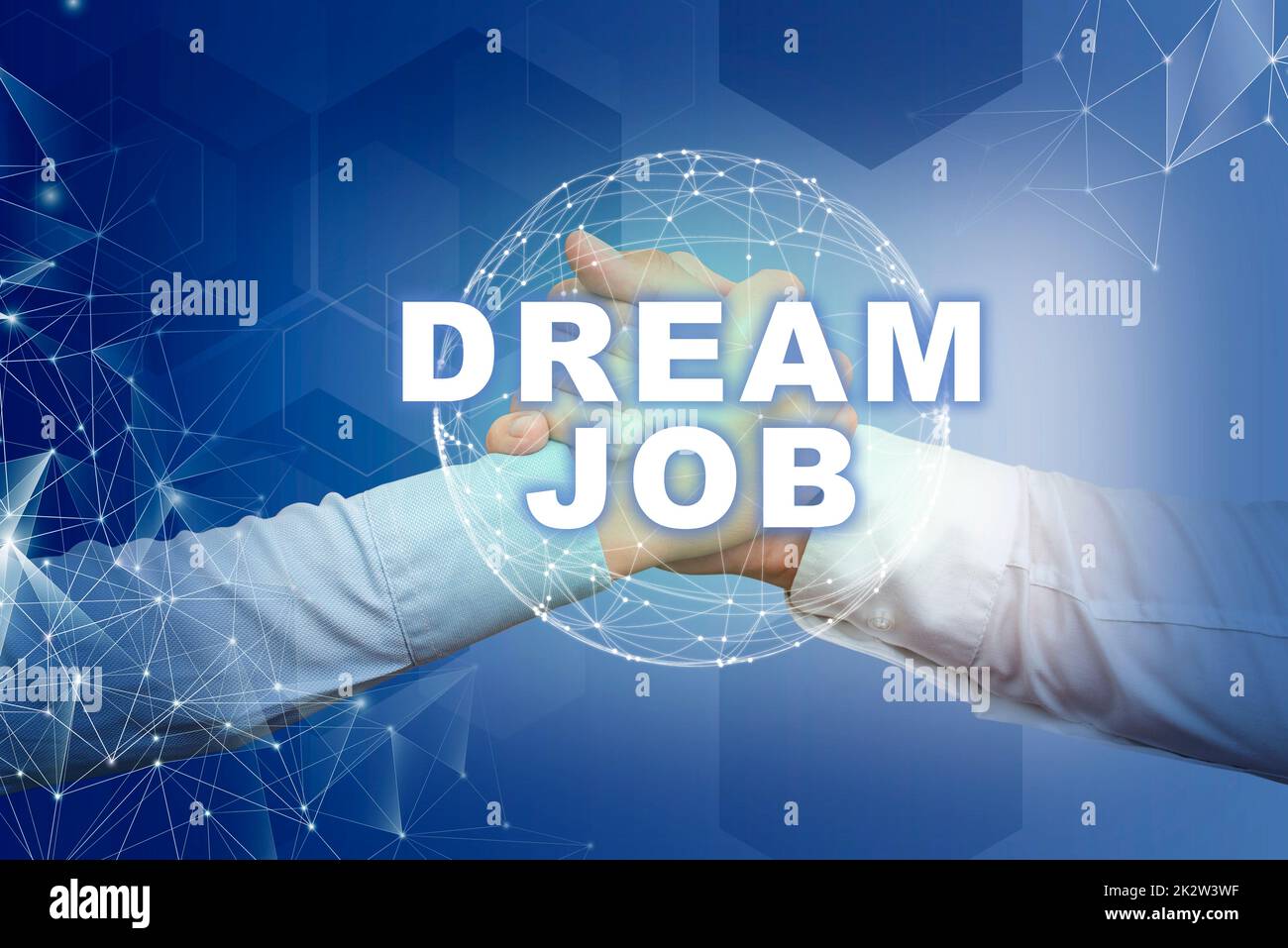 Affiche affichant Dream Job. Idée d'affaires un acte qui est payé par salaire et vous donne des mains haptiques qui se secouent symbolisant la mondialisation présentant le travail d'équipe. Banque D'Images