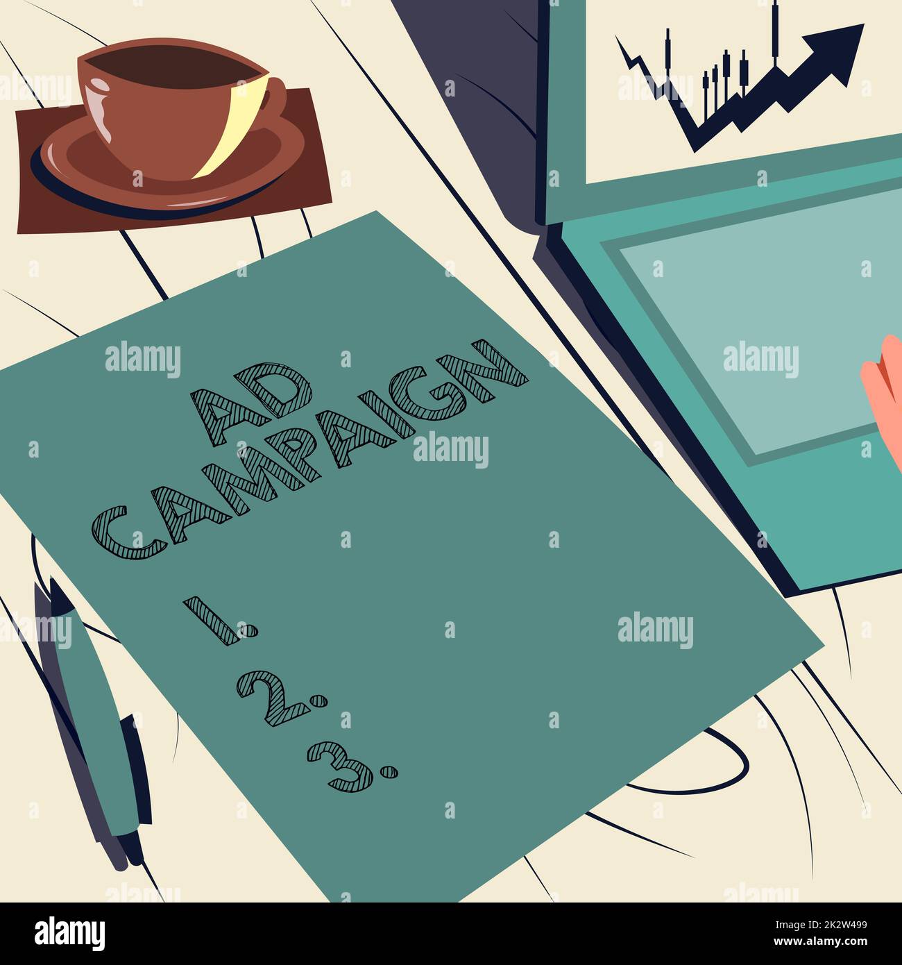 Campagne publicitaire d'affichage conceptuel. Concept signifiant la promotion d'un produit ou service spécifique par Internet ordinateur portable reposant à côté de tasse à café et feuille ordinaire montrant le processus de travail. Banque D'Images