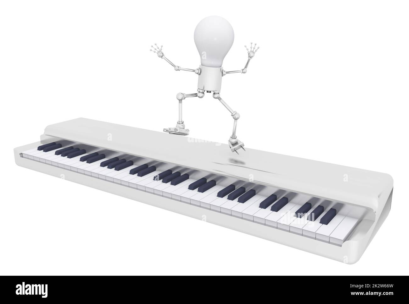 La figure de l'ampoule danse sur un clavier isolé sur fond blanc Banque D'Images