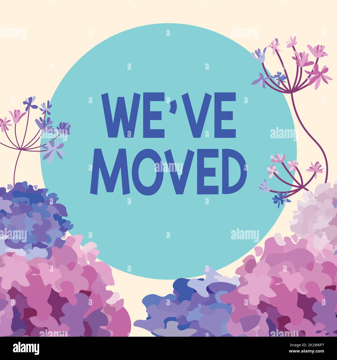 Inspiration montrant le signe que nous avons déménagé. Concept signifiant vivre de la place un autre cadre de campagne identique ou différent décoré avec des fleurs colorées et le feuillage arrangé harmonieusement. Banque D'Images