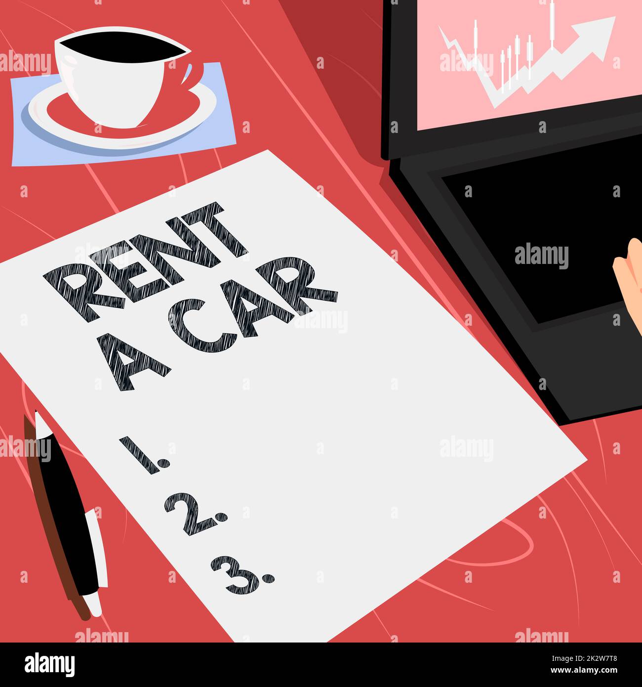 Inspiration montrant l'enseigne Rent A car. Approche commerciale payer pour l'utilisation temporaire du véhicule d'un jour à un mois ordinateur portable reposant à côté de la tasse à café et feuille ordinaire montrant le processus de travail. Banque D'Images