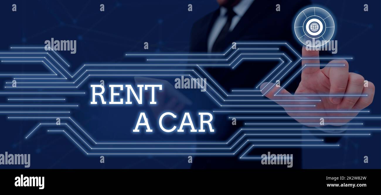 Enseigne à écriture manuscrite Rent A car. Aperçu de l'entreprise payer pour une utilisation temporaire du véhicule d'un jour à des mois homme d'affaires en costume tenant une tablette symbolisant un travail d'équipe réussi. Banque D'Images