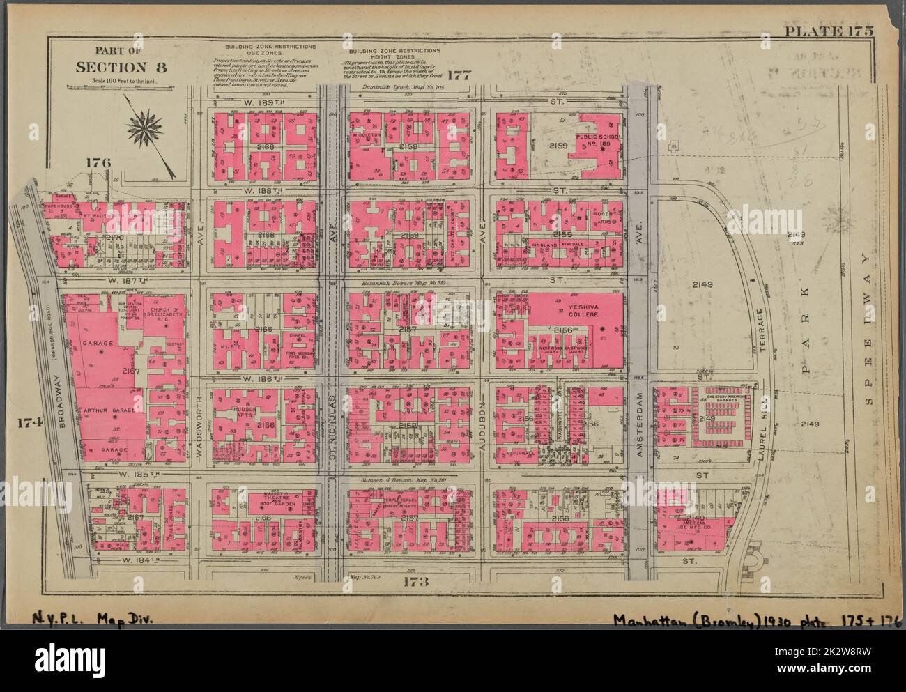 Cartographie, cartes. 1930. Lionel Pincus et Princess Firyal Map Division. Immobilier , New York (État) , New York, Manhattan (New York, New York) Plaque 175, partie de la section 8 : délimitée par la rue W. 189th, l'avenue Amsterdam, Laurel Hill Terrace, la rue W. 184th et Broadway Banque D'Images