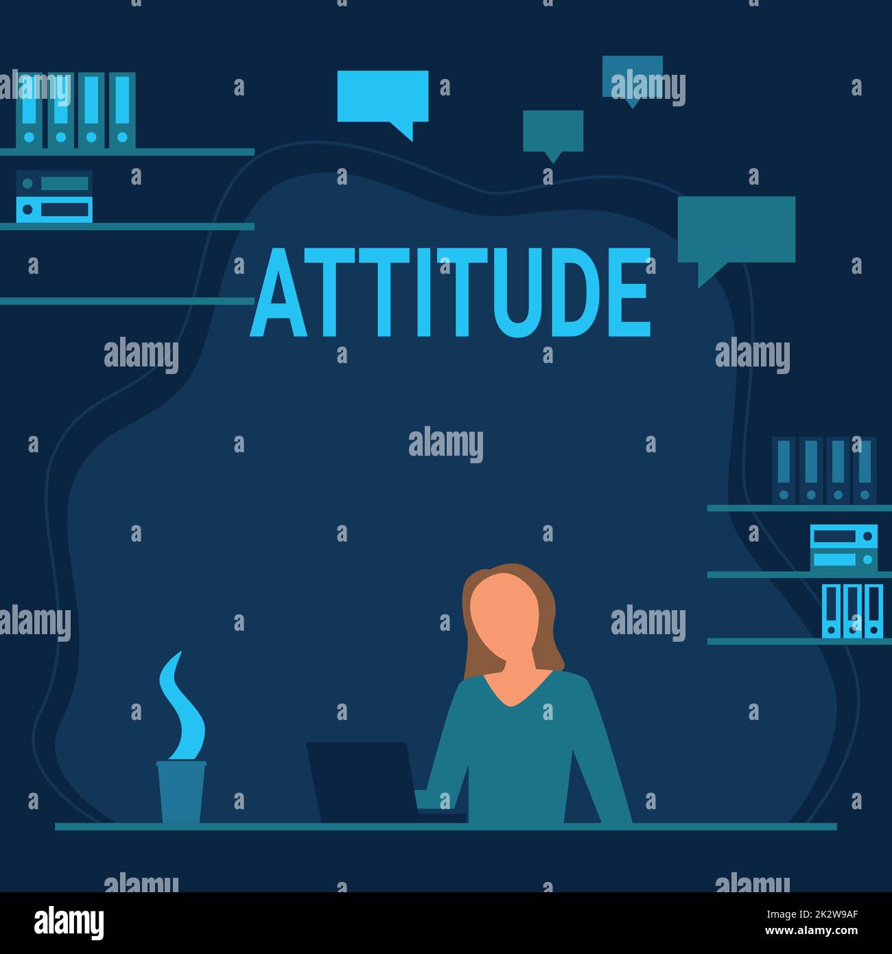 Texte montrant l'attitude d'inspiration. Le concept d'affaires a réglé la façon de penser ou de sentir quelque chose de personnalité femme assis sur le bureau travailler et présenter les nouvelles technologies. Banque D'Images