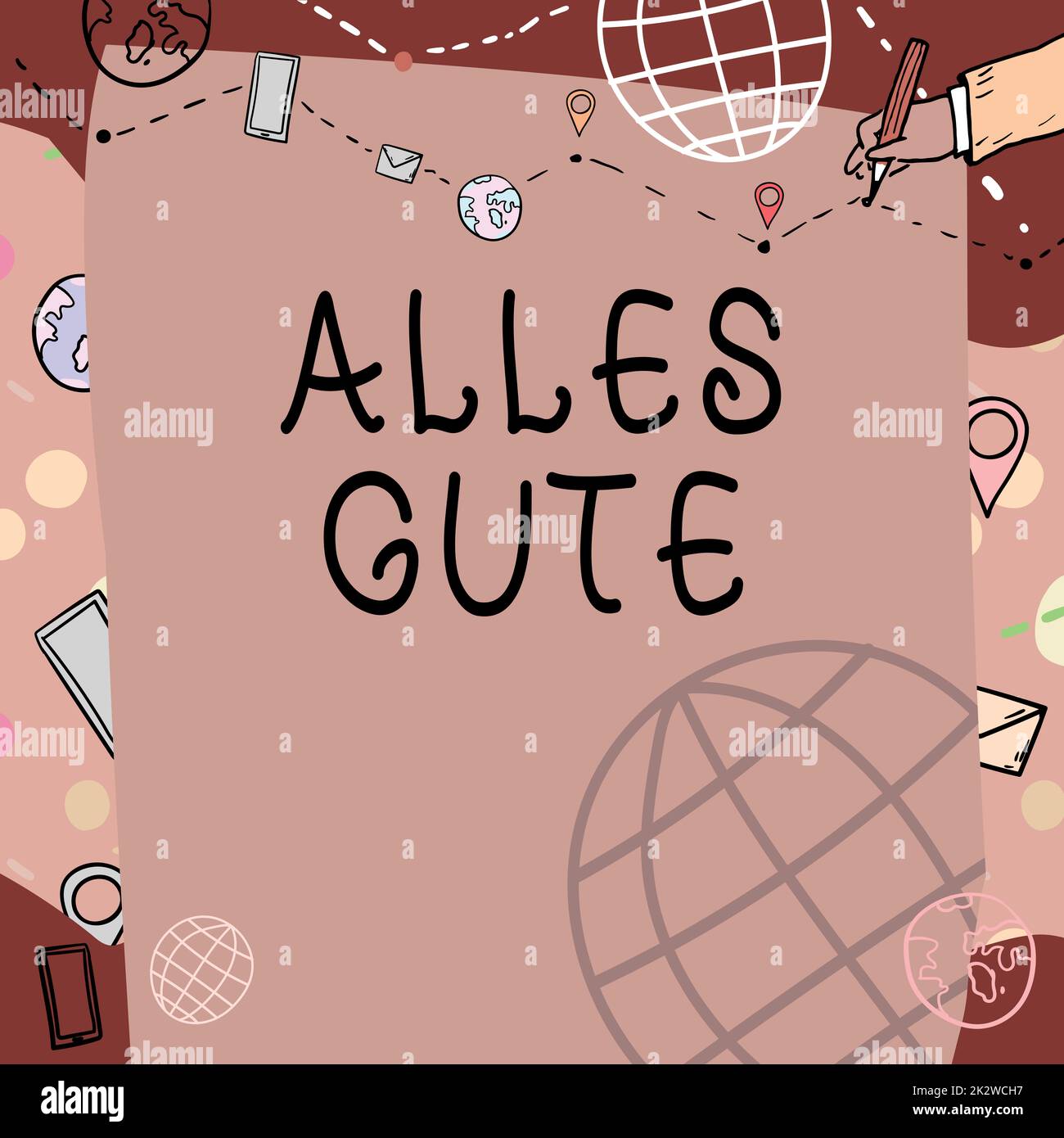 Affiche Alles Gute. Business idée traduction allemande tous les meilleurs pour l'anniversaire ou toute occasion Tableau blanc Uni avec main dessin ligne de guide pour les pas au-dessus du monde Globe. Banque D'Images