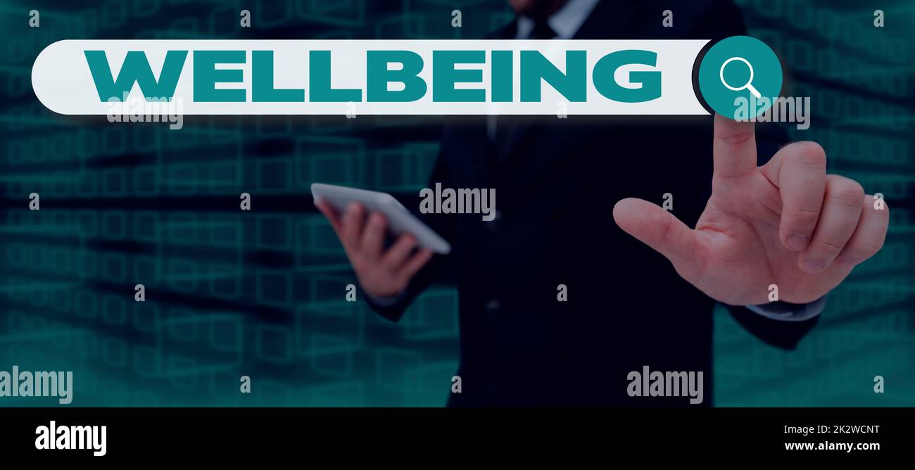 Affichage conceptuel bien-être. Internet concept Une bonne ou satisfaisante condition d'existence y compris la santé homme d'affaires en costume tenant bloc-notes symbolisant un travail d'équipe réussi. Banque D'Images