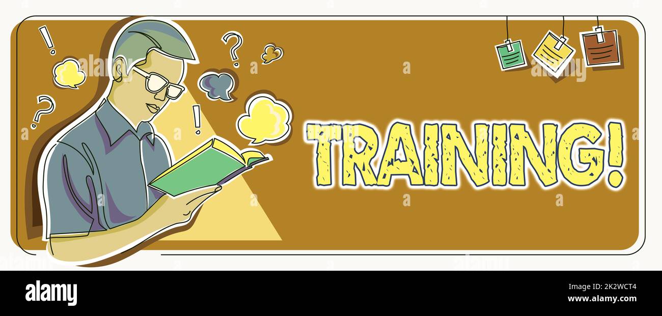 Inspiration montrant l'enseigne entraînement. Idée d'affaires une activité s'est produite lors du démarrage d'un nouveau projet d'emploi ou de travail Homme étudiant le livre d'apprentissage de nouvelles stratégies d'affaires pour atteindre des objectifs. Banque D'Images