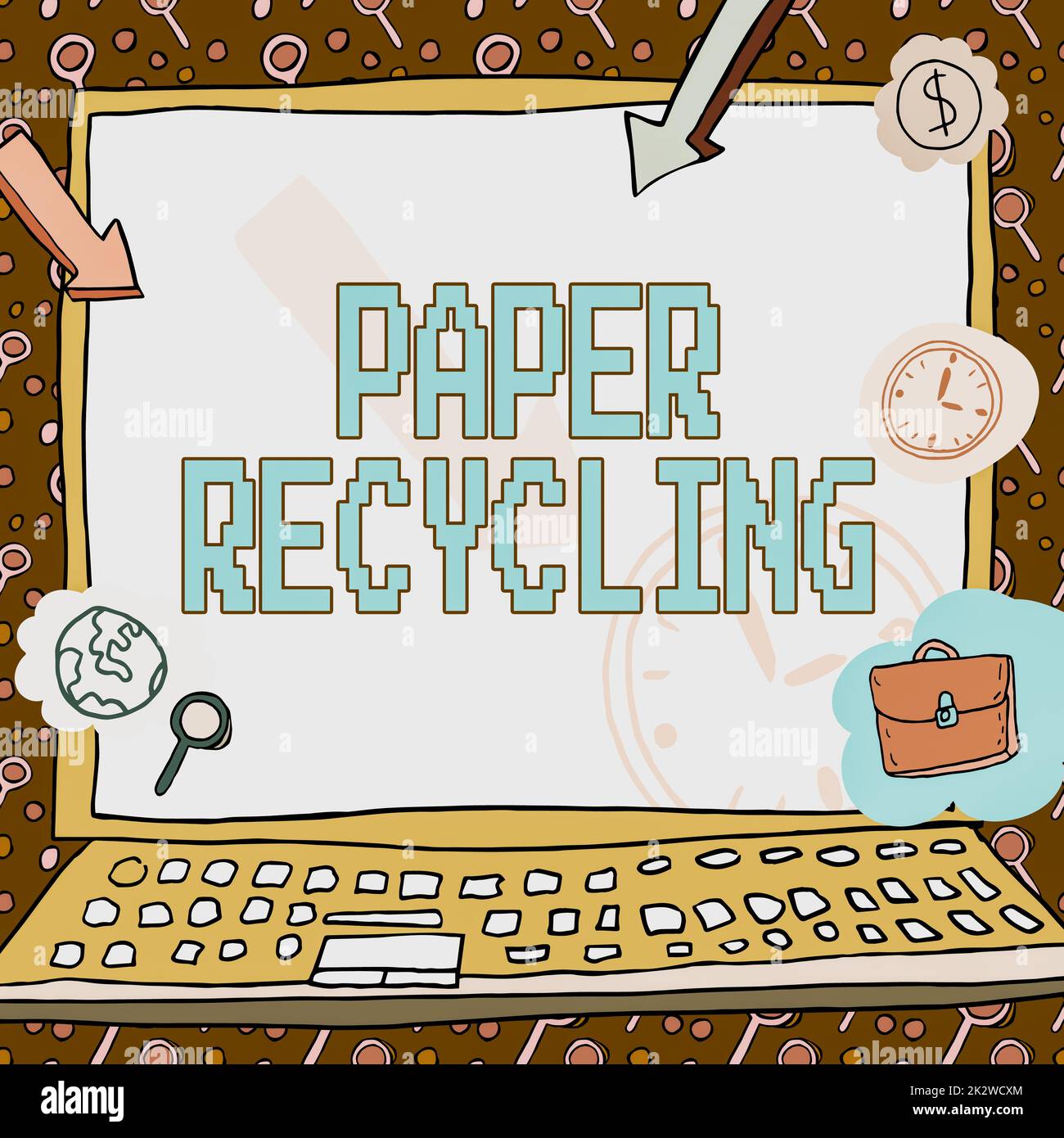 Inspiration montrant le recyclage du papier d'affichage. Mot écrit sur l'utilisation des papiers usagés d'une nouvelle manière en les recyclant affiche décorée de symboles monétaires affichant la ponctualité des employés. Banque D'Images