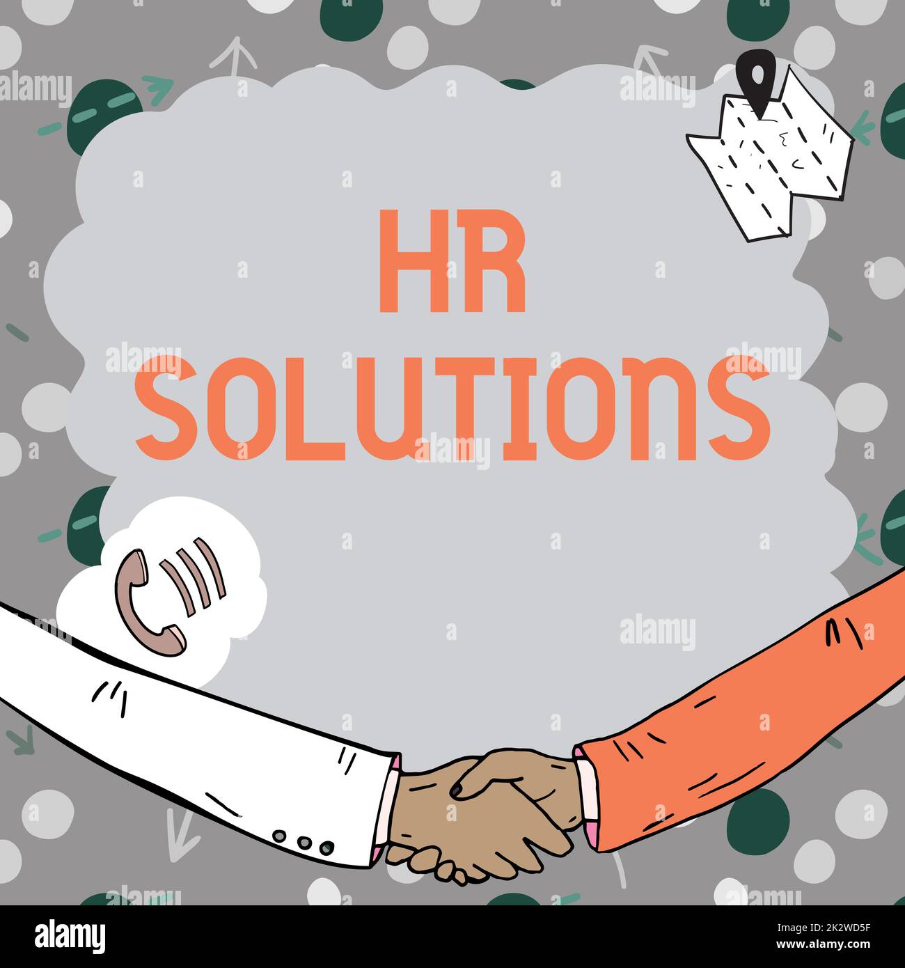 Affiche présentant les solutions RH. Concept signification externalisé Ressources humaines Conseil et support experts cadre vide décoré de symboles de communication représente une réunion d'affaires Banque D'Images