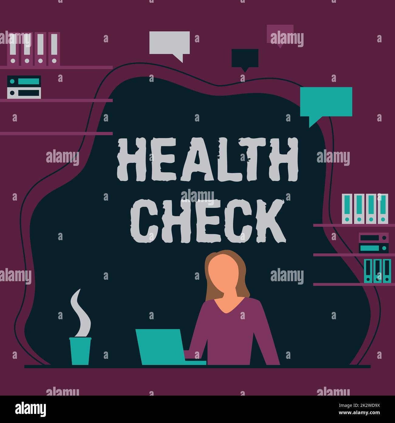 Affiche textuelle indiquant le bilan de santé. Mot écrit sur l'examen médical bien-être et l'état général inspection femme assis sur le bureau travailler et présenter les nouvelles technologies. Banque D'Images