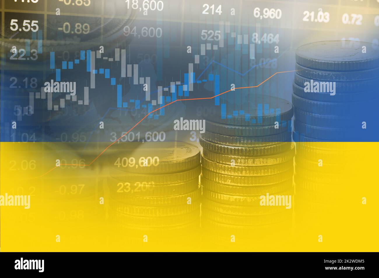 Bourse investissement trading financier, coin et drapeau de l'Ukraine ou Forex pour analyser le financement des bénéfices tendances des données de fond. Banque D'Images