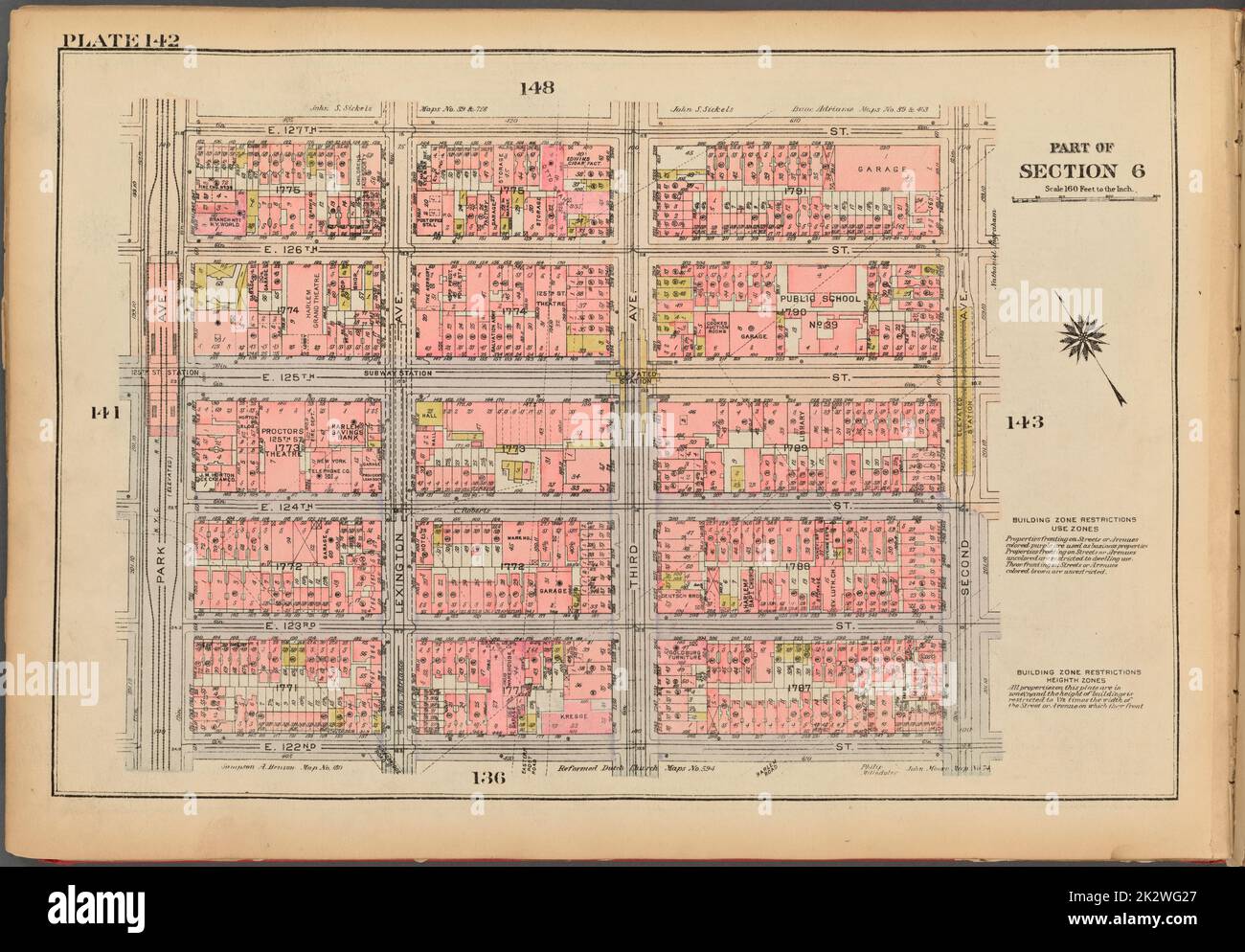 Cartographie, cartes. 1927. Lionel Pincus et Princess Firyal Map Division. Immobilier , New York (État) , New York, Manhattan (New York, New York) Plaque 142, partie de la section 6 : délimitée par la rue E. 127th, deuxième avenue, la rue E. 122nd et l'avenue Park Banque D'Images