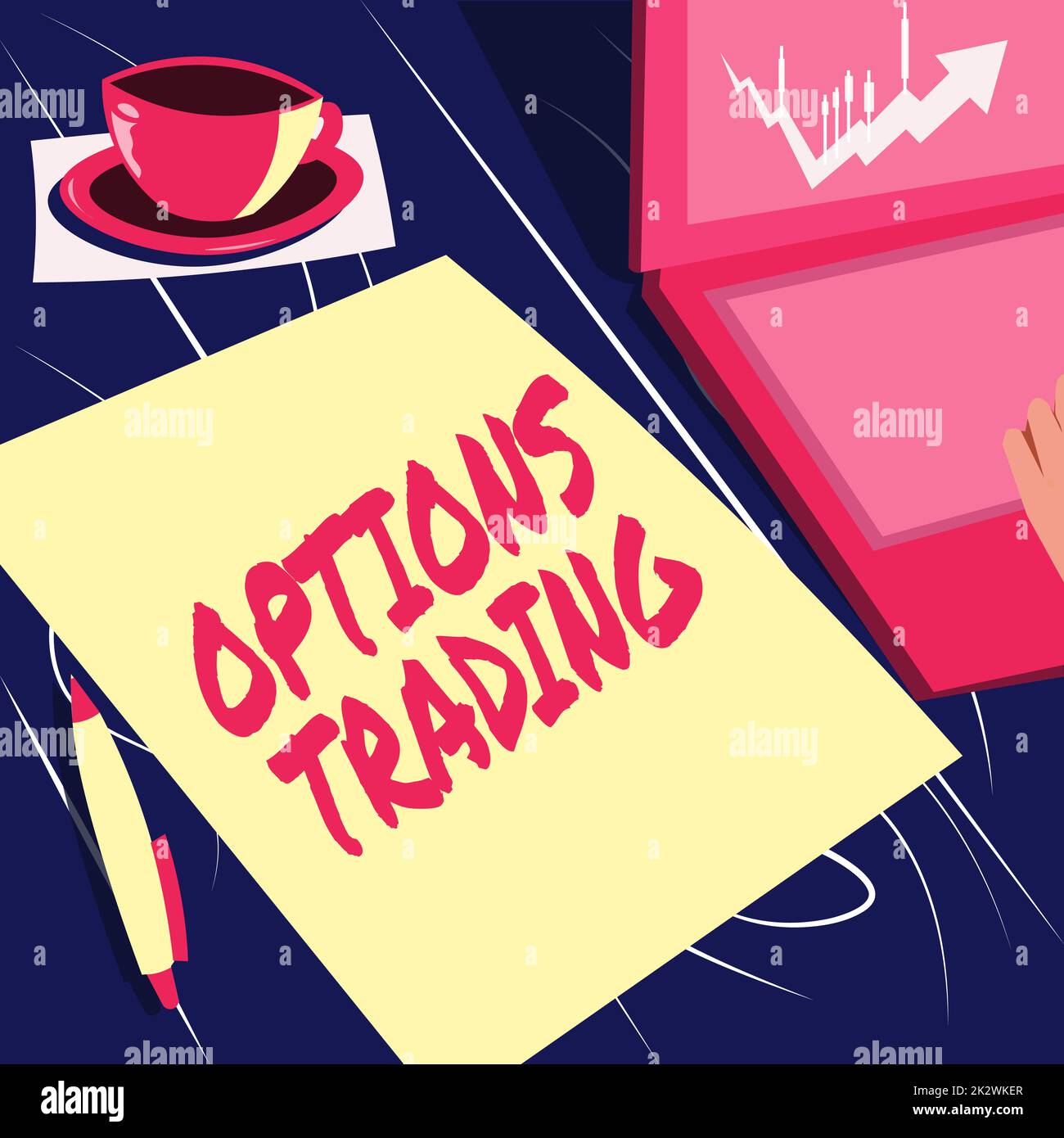 Légende de texte présentant Options Trading. Mot pour différentes options pour faire des biens ou des services répartis dans le monde entier ordinateur portable reposant à côté de tasse à café et feuille ordinaire montrant le processus de travail. Banque D'Images