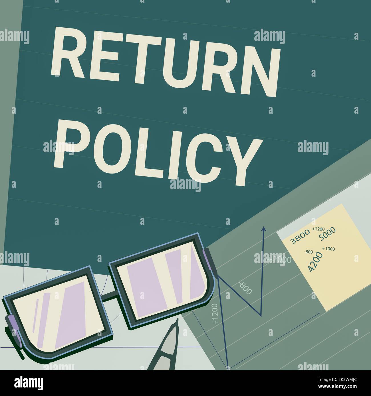 Affiche textuelle indiquant la politique de retour. Remboursement de la taxe sur les idées d'entreprise Conditions générales de vente au détail sur le papier d'achat placé sur le bureau et comprenant des tableaux de calcul des plans financiers. Banque D'Images