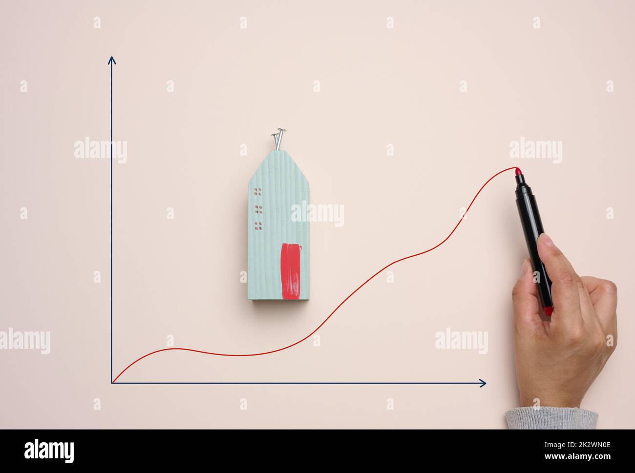 Une maison en bois miniature et une main de femme dessine un graphique avec des indicateurs de croissance Banque D'Images