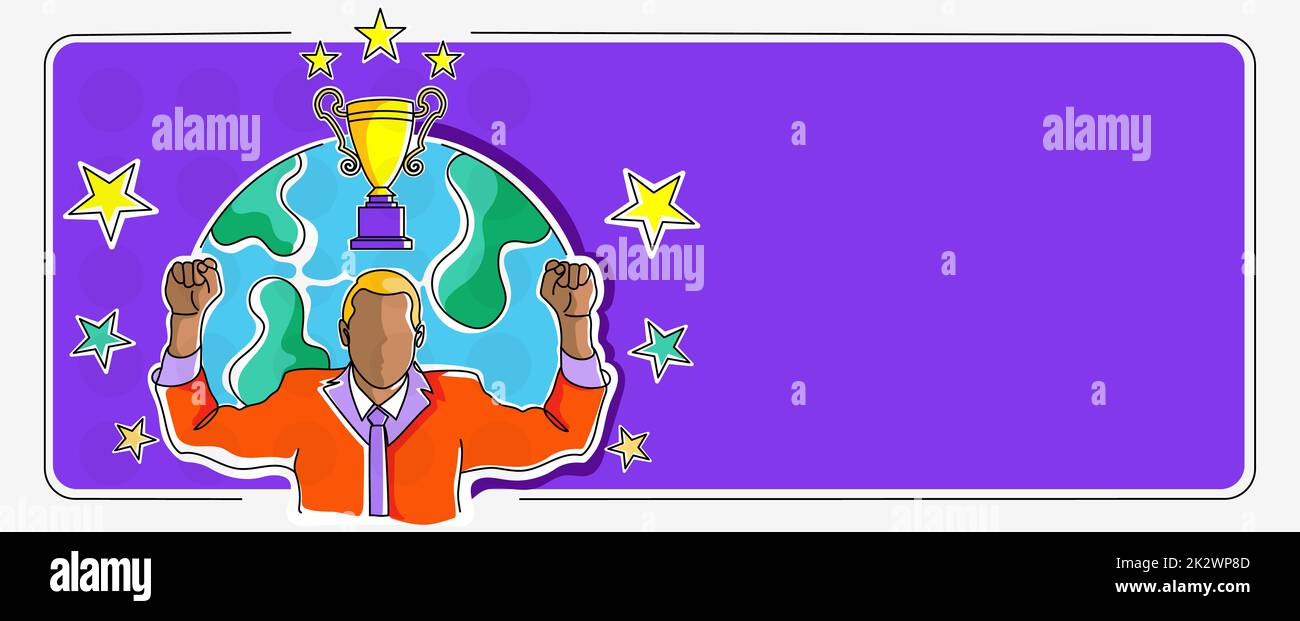 Homme d'affaires en costume entouré de stars globe fond acclamant atteindre le succès du projet stabilité financière. Homme célébrant la réussite de l'objectif. Banque D'Images