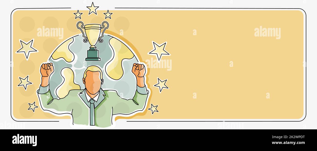 Homme d'affaires en costume entouré de stars globe fond acclamant atteindre le succès du projet stabilité financière. Homme célébrant la réussite de l'objectif. Banque D'Images