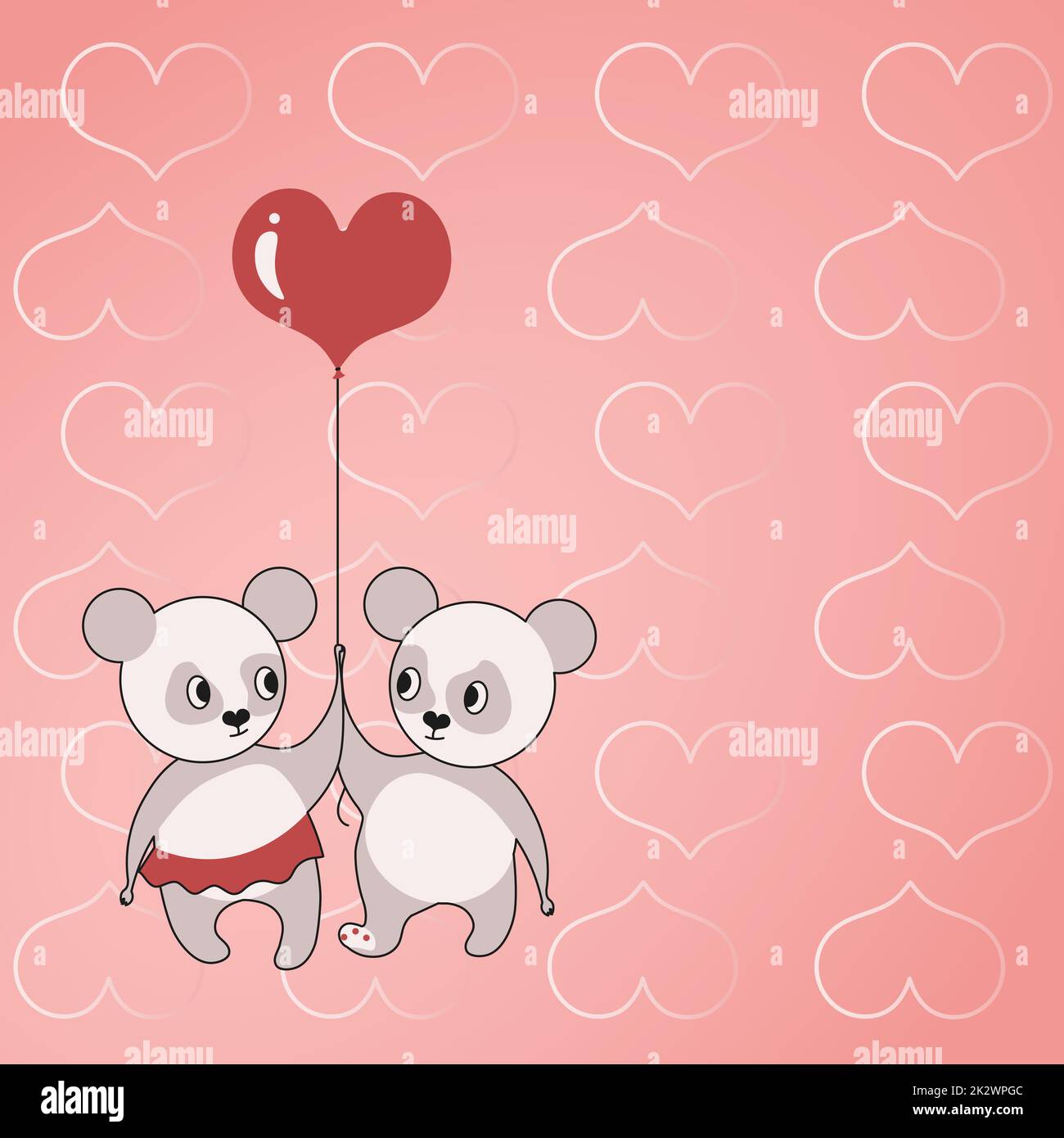 Deux ours tenant un ballon en forme de coeur avec des coeurs en arrière-plan montrent l'amour et l'harmonie. L'ours en peluche représente un couple passionné avec des objectifs d'amour. Banque D'Images