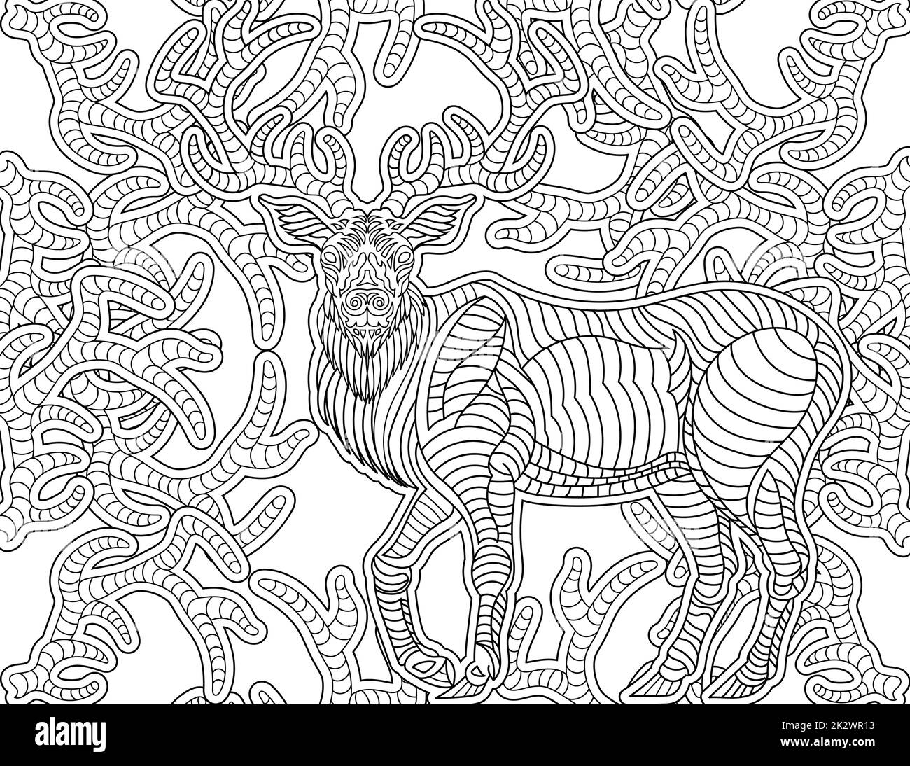 Dessin de ligne de cerf avec de longues cornes qui grandissent autour de lui coloriage idée de livre Banque D'Images