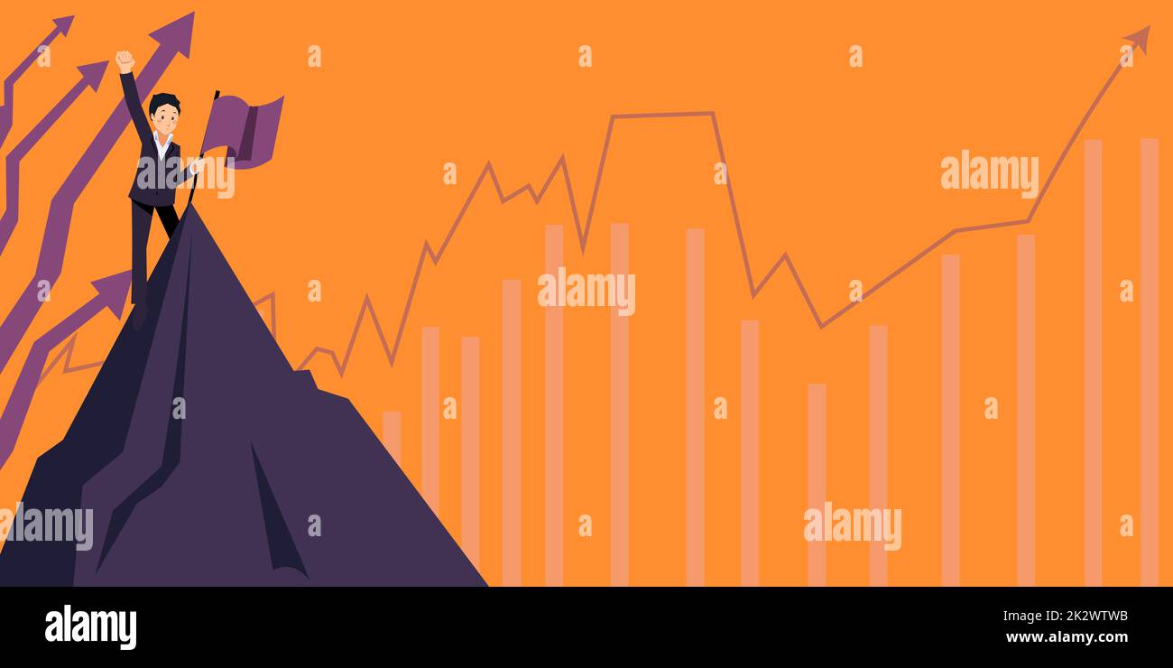 Un homme qui se tient debout sur Top Hill et qui montre le succès.Gentleman se dresse au-dessus du bras de montagne soulevé nuages Afficher l'accomplissement. Banque D'Images