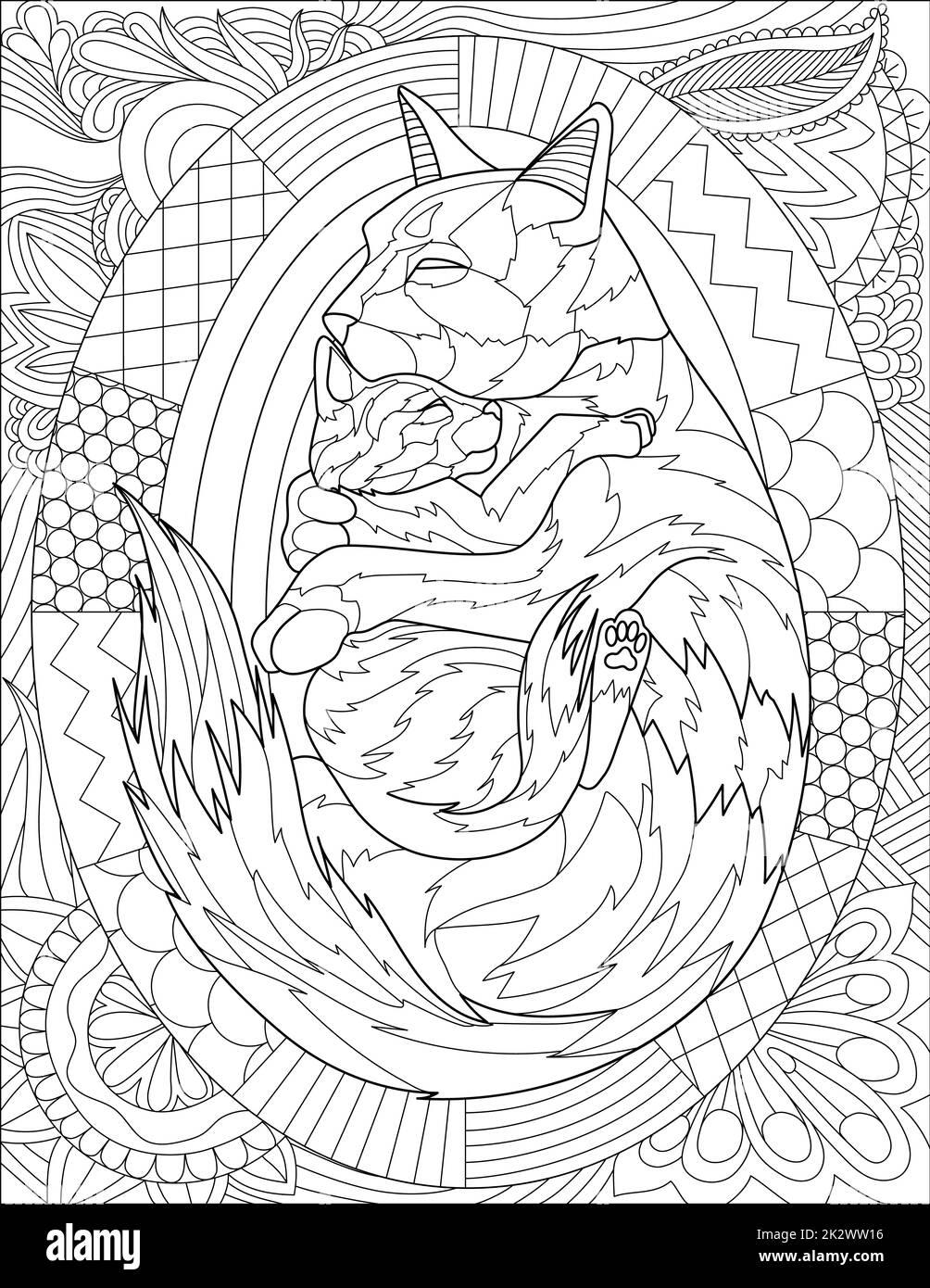 Dessin de la ligne mère de chat tenant un petit chaton entouré d'Un cahier de coloriage de motif détaillé Banque D'Images