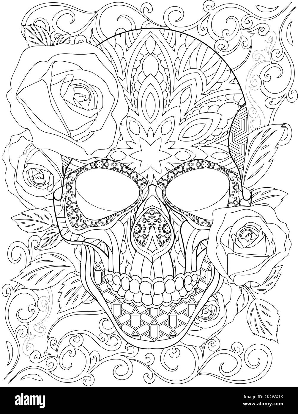 Tatouage Skull Line dessin entouré de jolies roses et de feuilles agréables avec sa bouche fermée. Le dessin de tête Sceleton effrayant enfermé de belles fleurs. Banque D'Images