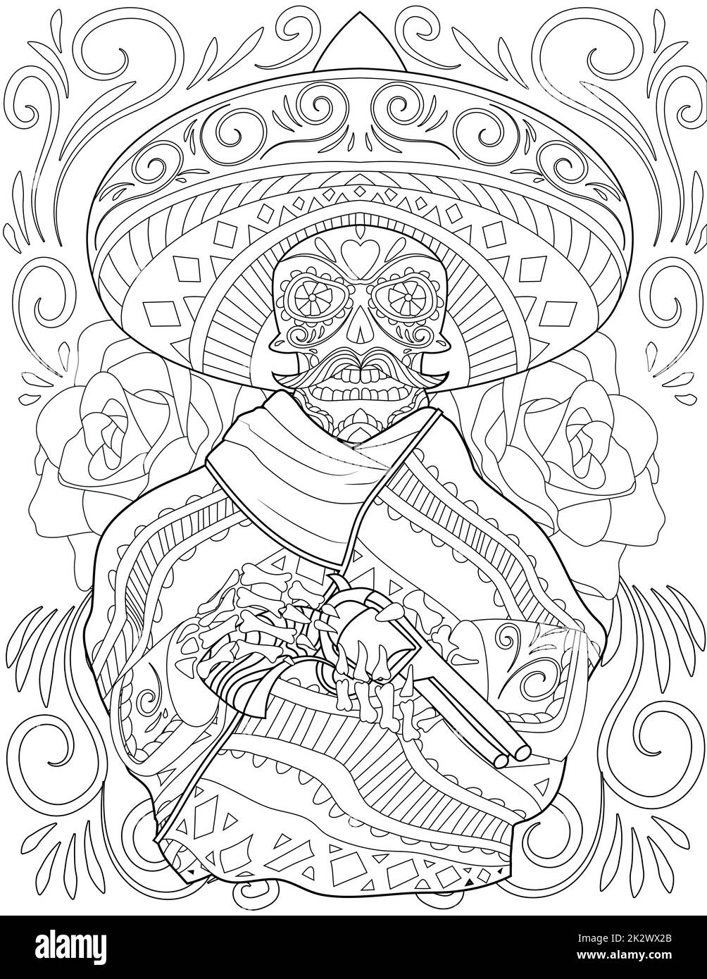 Crâne Mariachi dessin tenant pistolet portant Big Hat entouré de belles Roses. Creepy Mexican Man Line Drawing possède Un bras de feu avec une grande robe de tête. Banque D'Images