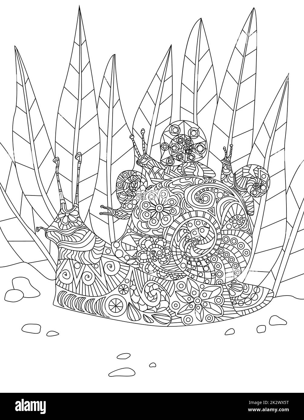 Illustration de l'escargot de mère dédié transportant ses petits bébés sur Thier Home de la forêt. Dessin de ligne de ligne de ligne de Slug de parent robuste amenant Young un dans Une maison. Banque D'Images