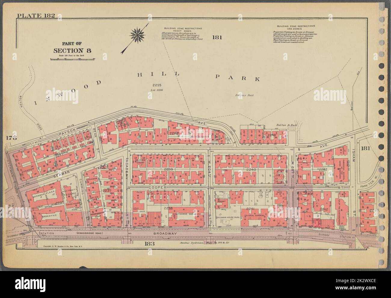 Cartographie, cartes. 1955 - 1956. Lionel Pincus et Princess Firyal Map Division. Immobilier , New York (État) , New York (New York), Manhattan (New York, New York) Plaque 182, partie de la section 8 : délimitée par (parc Inwood Hill) l'avenue Payson, l'avenue Seaman, la rue Isham, Broadway et la rue Dyckman. Banque D'Images