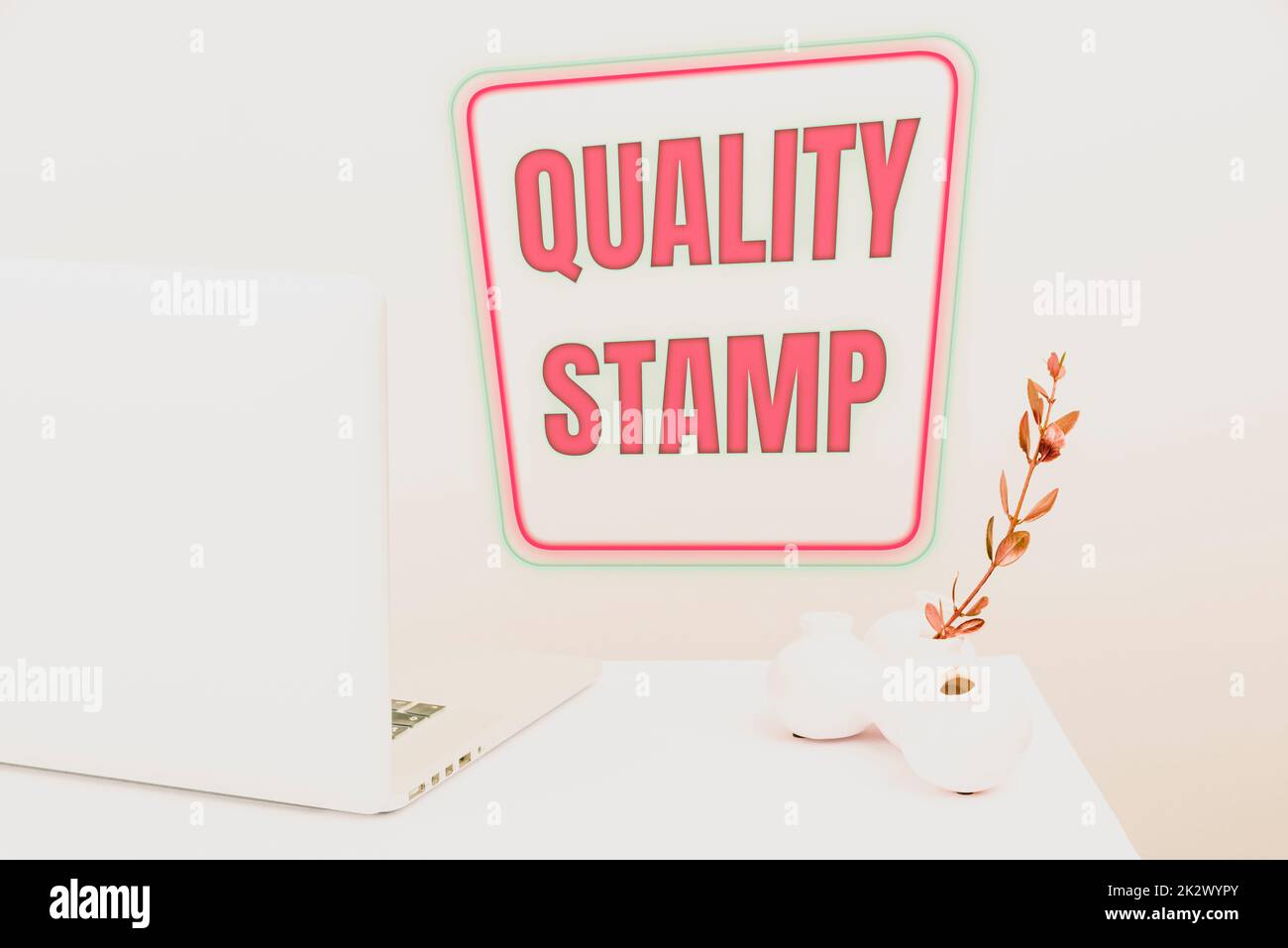 Affiche affichant un cachet de qualité. Internet concept Sceau de l'approbation bonne impression qualifié passé inspection Tidy Workspace Setup, rédaction matériel d'outils de bureau, Smart Office Banque D'Images