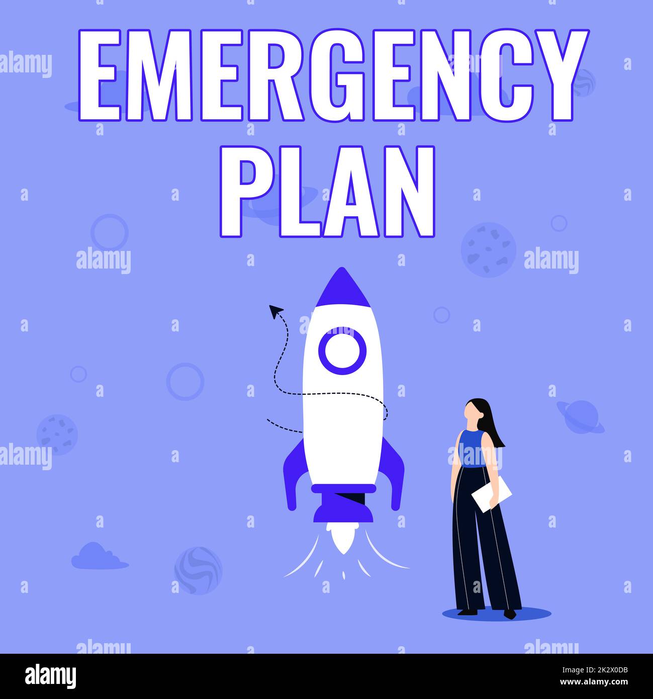 Inspiration montrant le panneau de plan d'urgence. Photo conceptuelle procédures de réponse aux urgences majeures être préparé Illustration de fille décontractée debout à côté de Rocket Ship prêt à lancer Banque D'Images