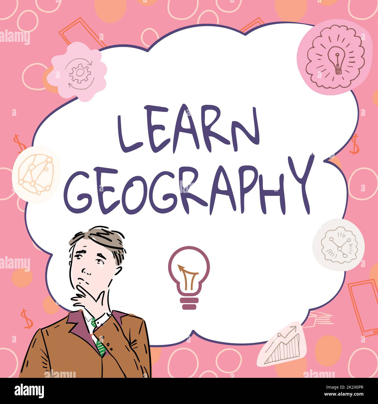 Légende de texte présentant apprendre la géographie. Étude photo conceptuelle des caractéristiques physiques de la terre et de son atmosphère homme d'affaires pensée innovante leader des idées vers un avenir stable. Banque D'Images