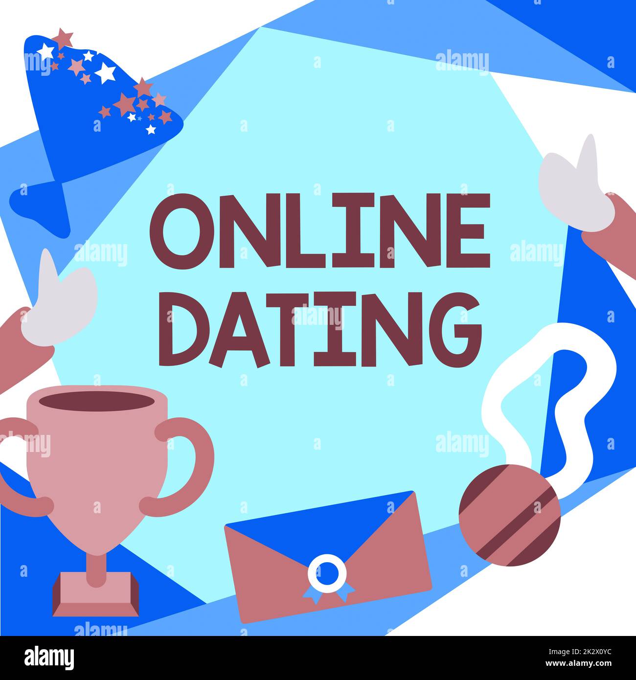 Légende de texte présentant Online Dating. Concept d'affaires recherche de relations de correspondance eDating vidéo chat personnes félicitant le succès de la présentation de médailles de Trophée gagné. Banque D'Images