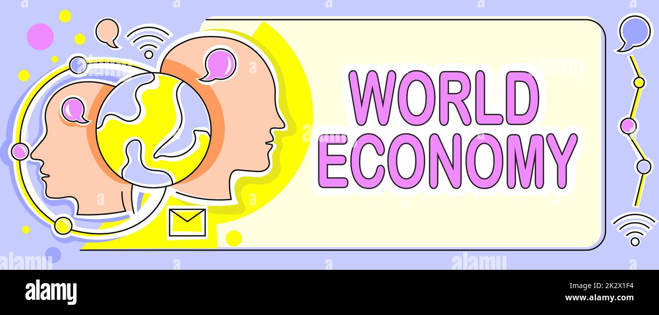 Affichage conceptuel économie mondiale. Aperçu de l'entreprise Global Worldwide International Markets trade Money Exchange plusieurs têtes connectées montrant de nouvelles idées technologiques. Banque D'Images